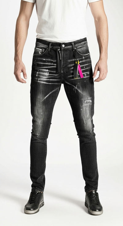 Barmore Herren Jeans – Schwarze Slim Fit Jeans mit Zipper-Detail und Used Look