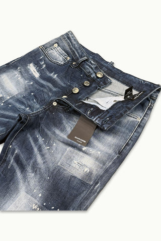 BARMORE Jeans 06-115-007 – Slim Tapered, Button-Fly, Indigo mit Used-/Paint-Details