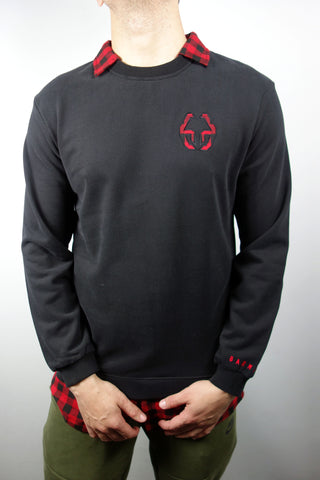 BARMORE Sweatshirt – Schwarzer Pullover mit rotem Karo-Kragen & Sticklogo